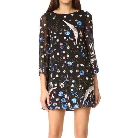 Alice + Olivia Dresses & Skirts - Alice + Olivia Eleonora Dress M Silk Embroidered Floral Bird Flare Sleeve Fairy